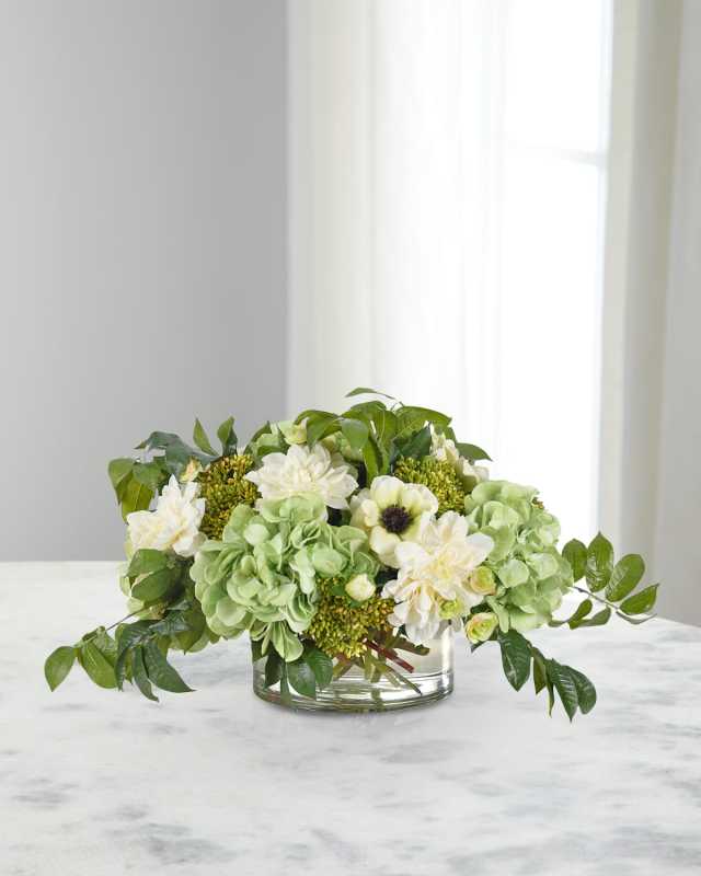 Faux Hydrangea Dahlia Plant In Glass Bowl, 12"T